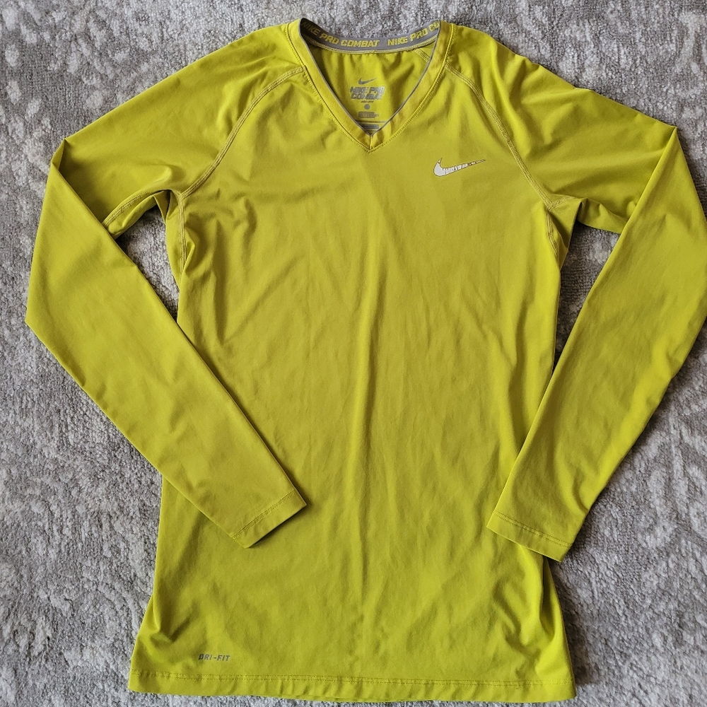 Nike Pro Combat Dri-Fit, VNeck Yellow/Lime Fitted Long Sleeve Top, Size M